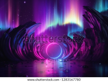 3d render, abstract background, cosmic landscape, aurora borealis, round portal, pink blue neon light, virtual reality user interface, laser ring, energy, glowing frame, ultraviolet spectrum, rocks