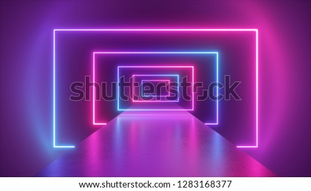 3d render, virtual reality environment, neon light, rectangular portal, tunnel, ultraviolet spectrum, abstract background, laser show, fashion catwalk podium, path, way, stage, floor reflection