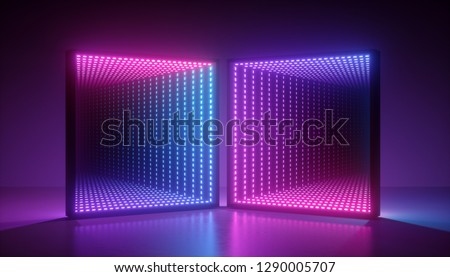 3d render, abstract ultraviolet background, pink blue neon light, square portal, virtual reality, energy source, blank space, laser show, light box