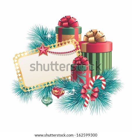 Christmas blank banner template isolated on white, greeting card with gift boxes