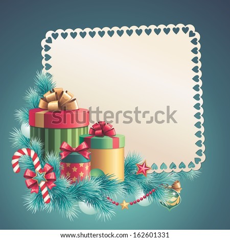 Christmas blank banner template, greeting card with stack of gift boxes