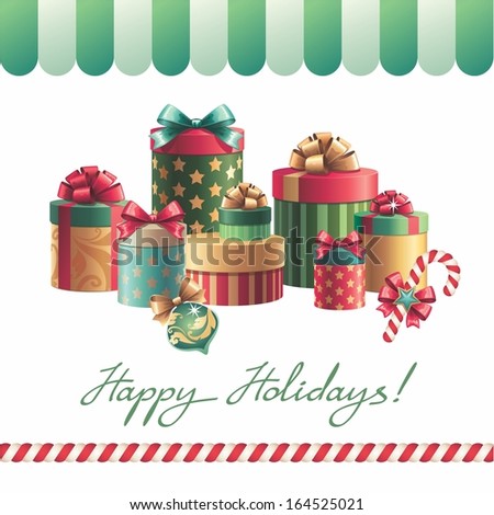gift boxes stack, handwritten holiday greetings, Christmas isolated clip art, design elements set