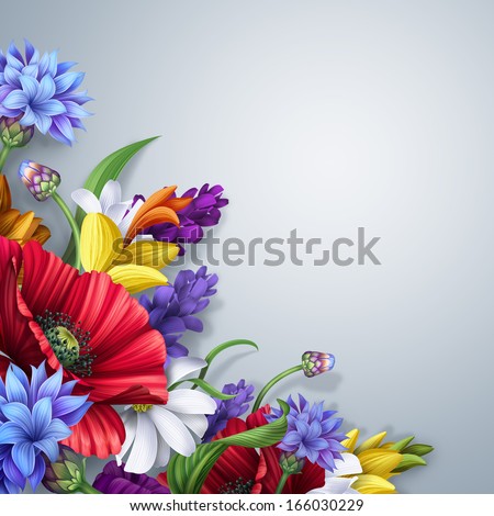 wild flowers corner design element; poppy, cornflower, daisy, lavender background