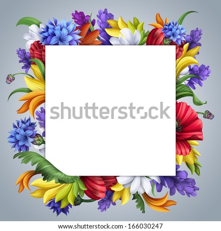 wild flowers frame; poppy, cornflower, daisy; blank square banner with floral border