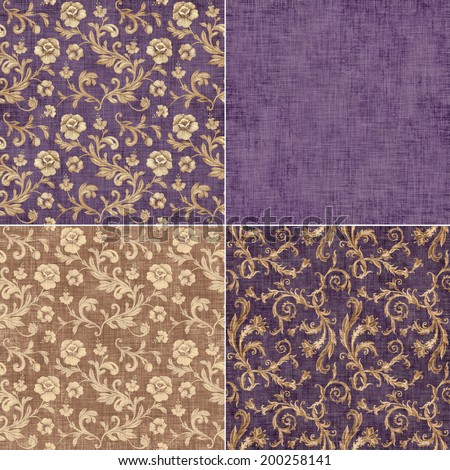 vintage violet gold floral background set, roses and leaves shabby chic purple textile swatches