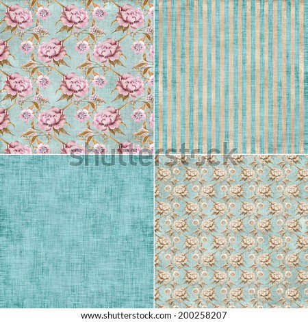 vintage floral background set, peony roses and leaves shabby chic textile swatches