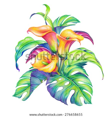 Abstract Tropical Flowers And Leaves, Jungle Foliage, Exotic Nature