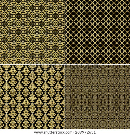 abstract background set, gold and black damask seamless pattern