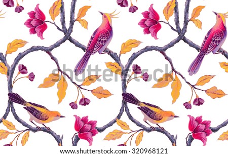 chinoiserie birds and flowers seamless background, romantic floral wallpaper