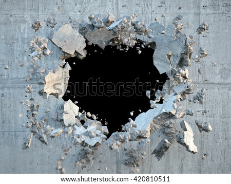 3d render, explosion, broken concrete wall, bullet hole, destruction, abstract background