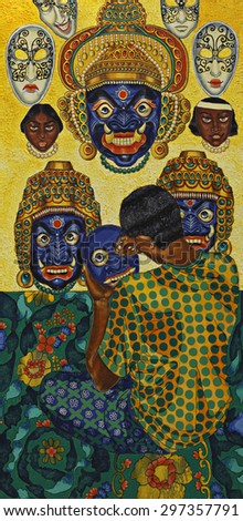 illustrate a man making and painting mask. Mask Maker. Original acrylic painting on canvas.