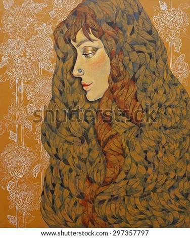 illustrate beautiful girl with textured hair. Original acrylic painting on canvas.
