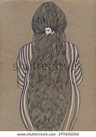 sketch illustrate beautiful long hair with flower of a girl.