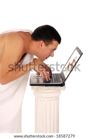ancient greek with a ridiculous face working with notebook, sailor man shows fig on monitor screen, isolated on white