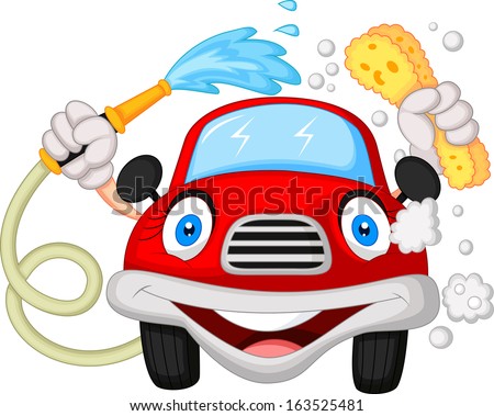 Cartoon car washing with water pipe and sponge Cartoon car washing with water pipe and sponge