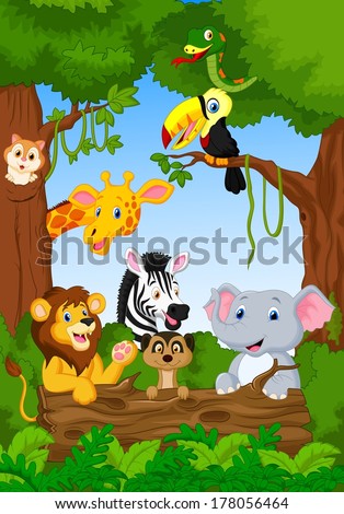 Cute African safari animal cartoon characters scene