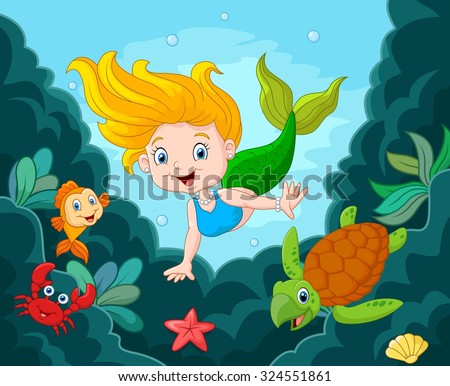 Little Mermaid Swimming Underwater with sea animals