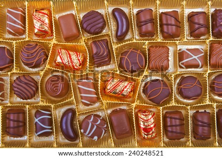 Large box of sweet chokolate candies.