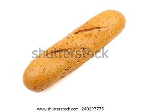 Baguette bread with various cereals isolated on a white background.