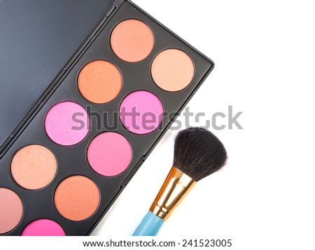 Colorful blush for cheeks palette with professional makeup brush. Makeup background. Isolated on white background.