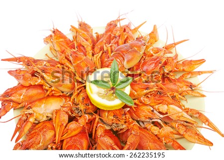 A large dish of boiled crayfish   isolated on white background