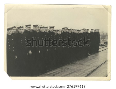 USSR - CIRCA 1950 s: The team of young men of military naval fleet was built in the parade in a row, circa 1950s