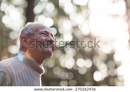 Portrait of a happy grandpa during sunset. Blurred Sunny Background.