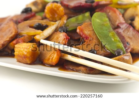 Chinese pork and sauteed mixed chinese vegetables with black bean sauce