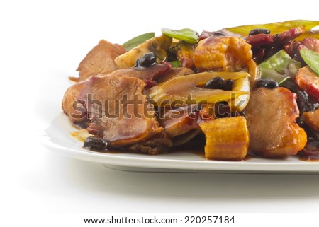 Chinese pork and sauteed mixed chinese vegetables with black bean sauce