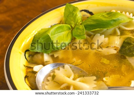 Farfalle bow tie pasta vegetarian soup garnished with fresh basil leaves