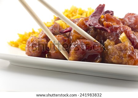 hot and spicy General Tso\'s Chicken chinese food takeout