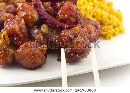 hot and spicy General Tso\'s Chicken chinese food takeout