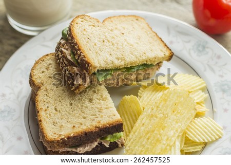 Tuna salad sandwich with ripple potato chips and a glass of milk
