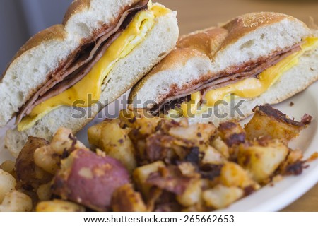 Taylor ham, pork roll, egg and cheese breakfast sandwich on a kaiser roll with salt pepper and ketchup and a side of home fries from New Jersey