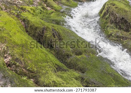 Waterfall rapids with water frozen in time splashing against mossy rocks