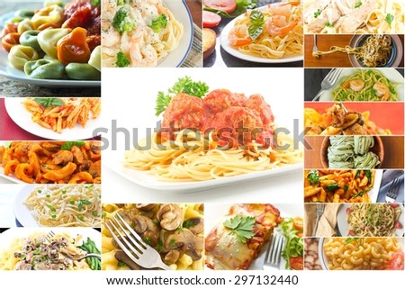 Popular pasta Italian dishes in food collage imagery