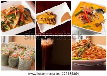Variety of popular Thai dishes in food collage imagery