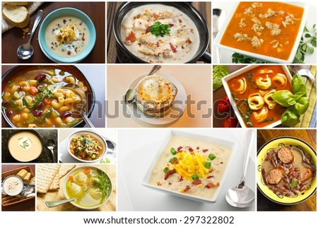 Variety of popular homemade soups in food collage imagery