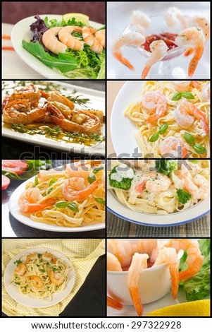Variety of shrimp dishes and appetizers in seafood collage imagery