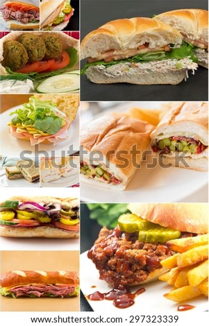 Variety of popular sandwiches in lunchtime food collage imagery