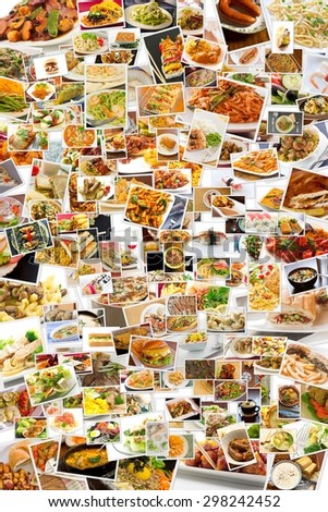 Collage of lots of popular worldwide dinner foods and appetizers