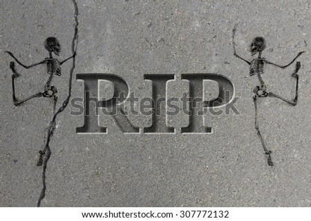 Engraved headstone spelling the letters RIP with Skeletons - rest in peace