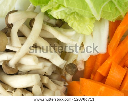 vegetable toppings Chinese cabbage shimeji carrots isolated on white background