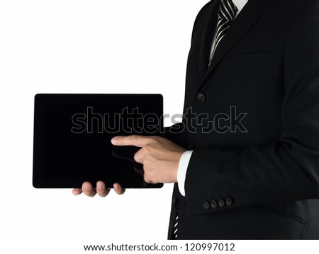 A business man  pointing on touch screen device isolated on white background