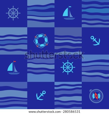 Seamless marine pattern, blue squares. On blue seamless background image squares with the waves, anchors, compass and sailing yachts. For printing and textile prints. Printing on paper, fabric.