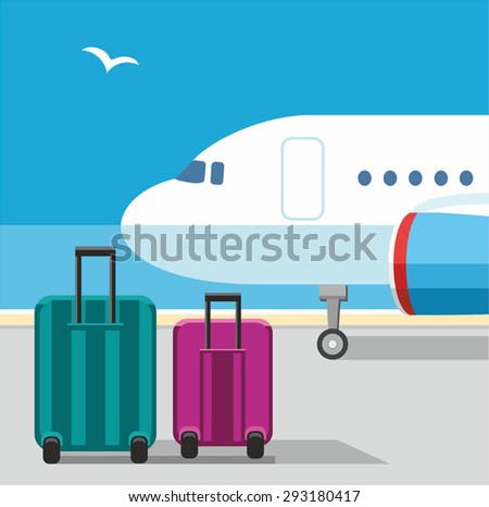 The plane, suitcases, Seagull, blue sky, airport, baggage, vacation. Color flat illustration with airplane and Luggage on the runway. On the background of blue sky and seagulls. .