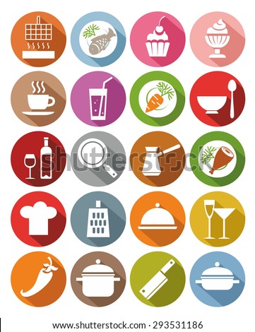 Icons, kitchen, restaurant, food, drinks, utensils, colored, flat. Colored flat icons with a simple, uncluttered images of restaurant meals and drinks. For printing and websites.