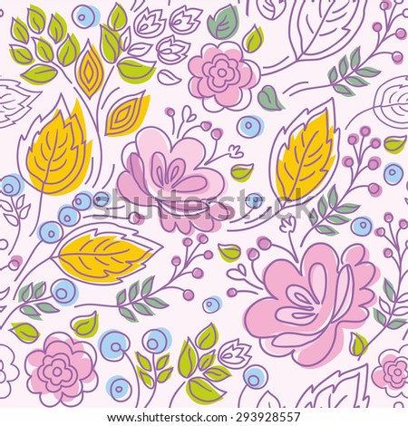 Seamless pattern, contour, pink flowers, yellow leaves, pink background. Seamless color pattern with pink flowers, yellow leaves and blue berries on a pink background. Natural motif, modern design.