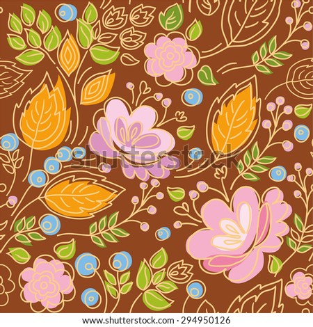 Seamless pattern, contour, pink flowers, yellow leaves, blue berries, brown background. Seamless, color, floral pattern. For printing and textile prints.