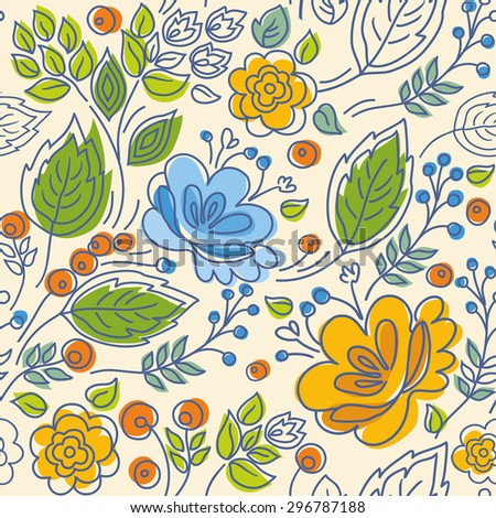 Seamless pattern, contour, yellow, blue flowers, green leaves, light background. On a light blue background, yellow flowers, green leaves, orange berries. For printing on paper, textile prints.